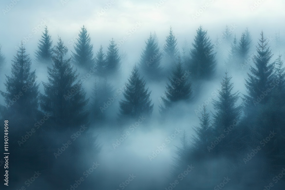 Misty forest landscape enveloped in fog with tall evergreen trees at dawn Misty forest landscape enveloped in fog with tall evergreen trees at dawn