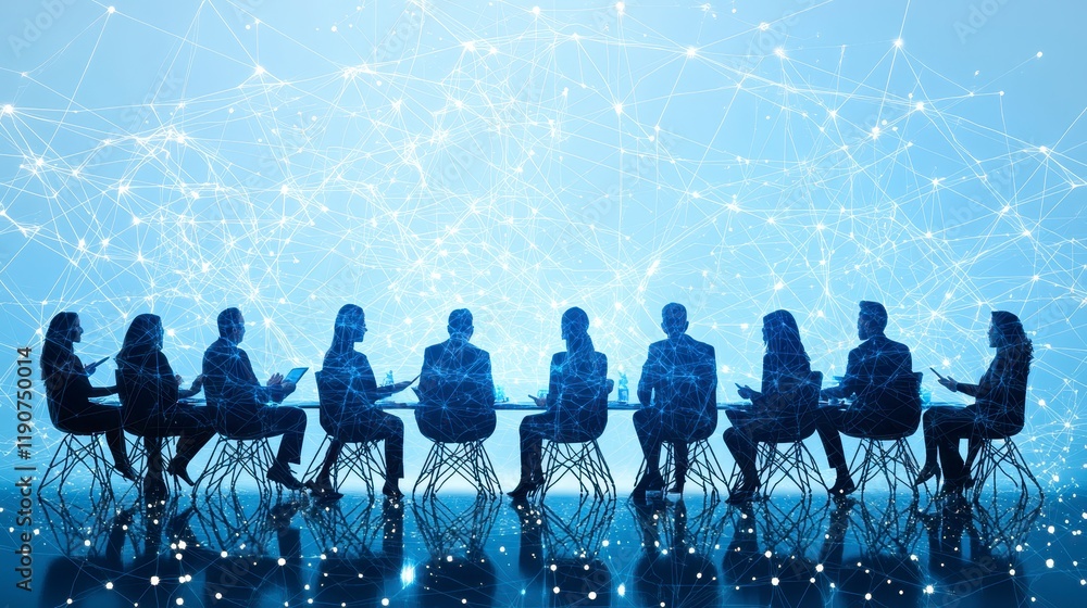 Obraz premium Global Business Team Meeting Silhouettes Connected Network Collaboration