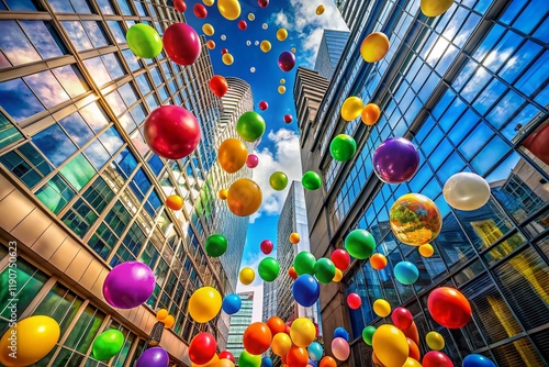 Colorful Balloons Floating Mid-Air: Architectural Photography photo