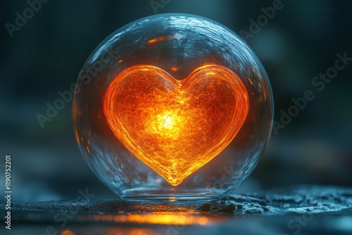 Heart shaped glass orb glowing warmly on a reflective surface in a serene outdoor setting during twilight