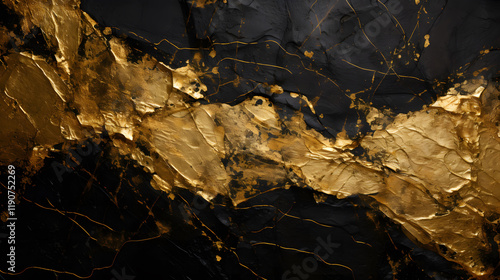 Rough cracked black background with creative brushstrokes of gold paint. photo