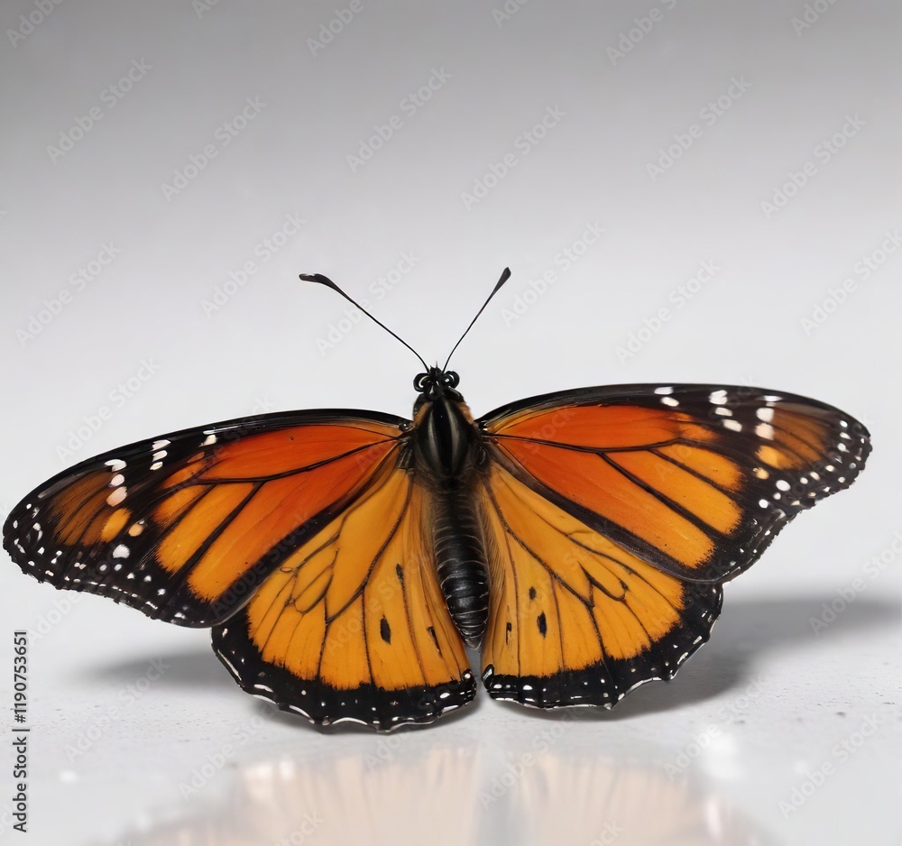 Fototapeta premium A solitary monarch butterfly resting on a clean white surface, emphasizing its distinctive orange and black markings , monochrome photography, single butterfly