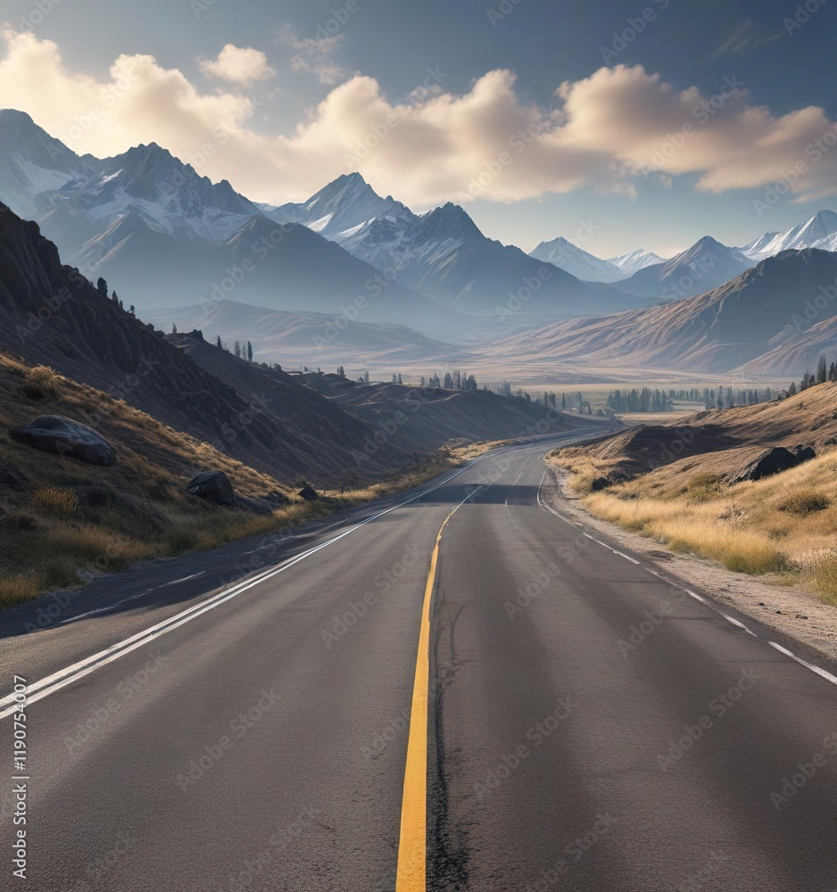 Asphalt road stretching across the valley with distant mountains in the background, countryside views, solitary journey Asphalt road stretching across the valley with distant mountains in the background, countryside views, solitary journey