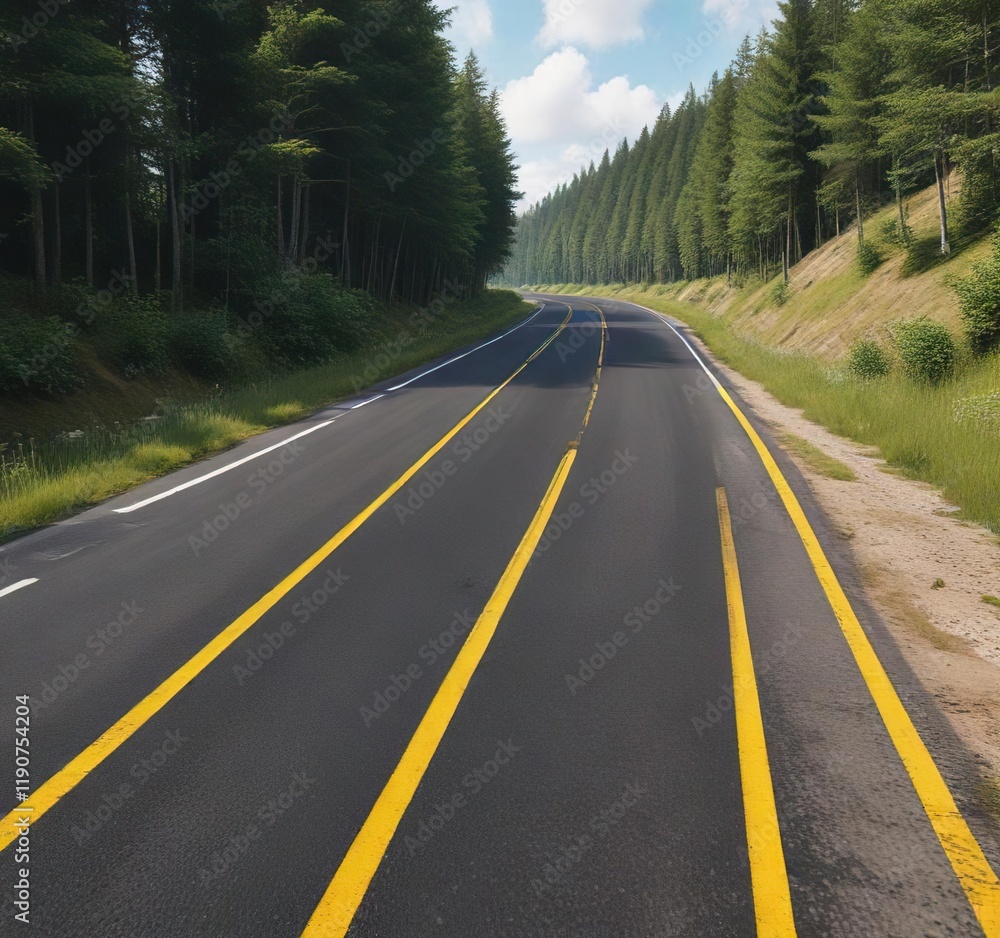 Naklejka premium Asphalt road with two yellow lines winding through a forest or countryside landscape, winding road, asphalt surface