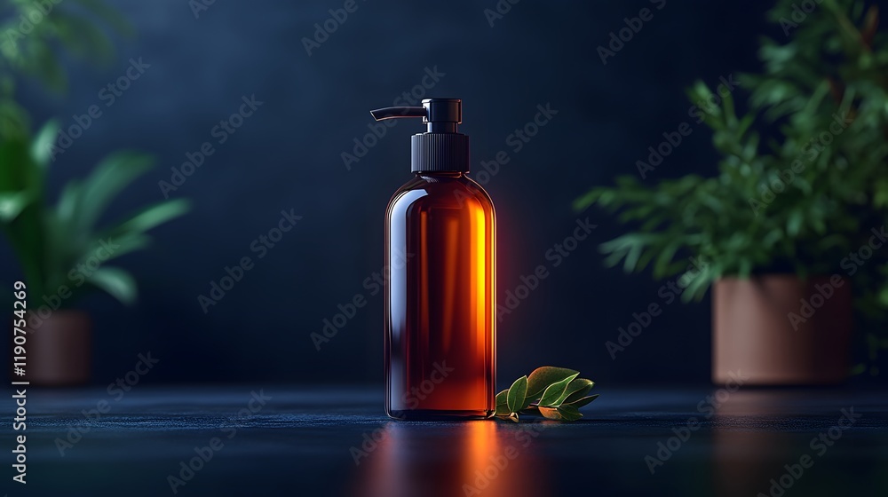 Minimal glossy bottle pump mockup with subtle metallic reflections on a dark gradient background Minimal glossy bottle pump mockup with subtle metallic reflections on a dark gradient background