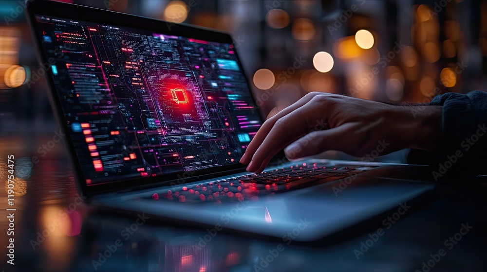 Hands on a laptop with a cyber security screen represent online safety, antivirus systems, hacker protection, and digital app security Hands on a laptop with a cyber security screen represent online safety, antivirus systems, hacker protection, and digital app security