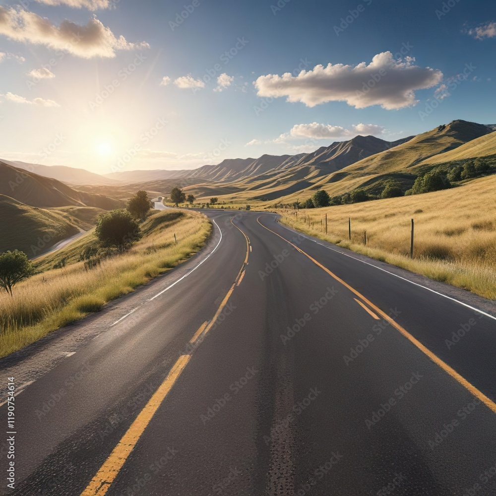 Naklejka premium A stretch of asphalt road winding through rolling hills under a sunny sky , scenery, travel