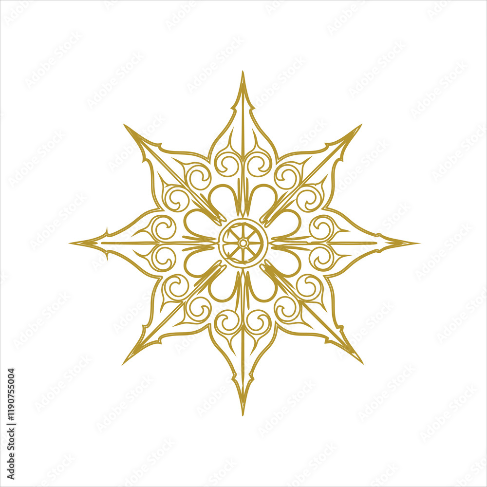 A vector illustration of a mandala silhouette with a white background. The mandala has a circular pattern with multiple layers of interlocking geometric shapes, including triangles, squares, and circl A vector illustration of a mandala silhouette with a white background. The mandala has a circular pattern with multiple layers of interlocking geometric shapes, including triangles, squares, and circl