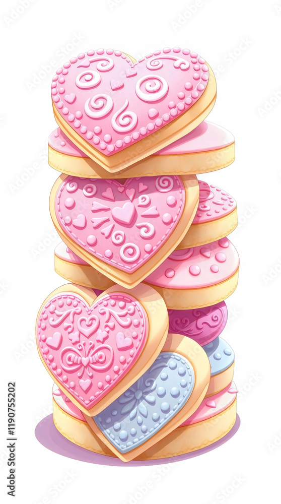 stack of pastel heart cookies with intricate icing, swirls, polka dots, lace patterns, isolated on white background stack of pastel heart cookies with intricate icing, swirls, polka dots, lace patterns, isolated on white background