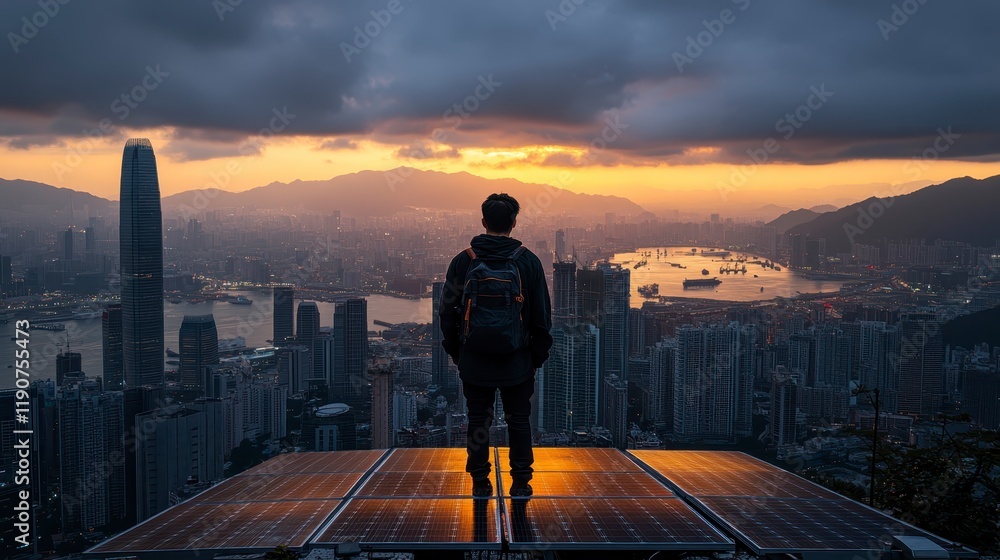Fototapeta premium Man with Backpack Admires Stunning Sunset Cityscape from Solar Panel Viewpoint