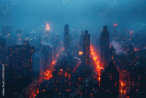 Nighttime cityscape illuminated by orange lights and enveloped in fog during a rainy weather photo