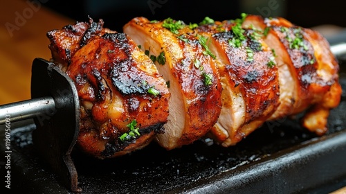 Perfectly grilled rotisserie chicken with herbs and charred crust photo