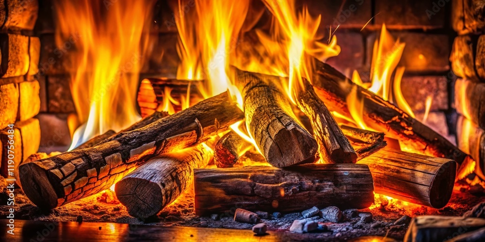 Rustic Fireplace: Glowing Embers and Burning Logs in Low Light Rustic Fireplace: Glowing Embers and Burning Logs in Low Light