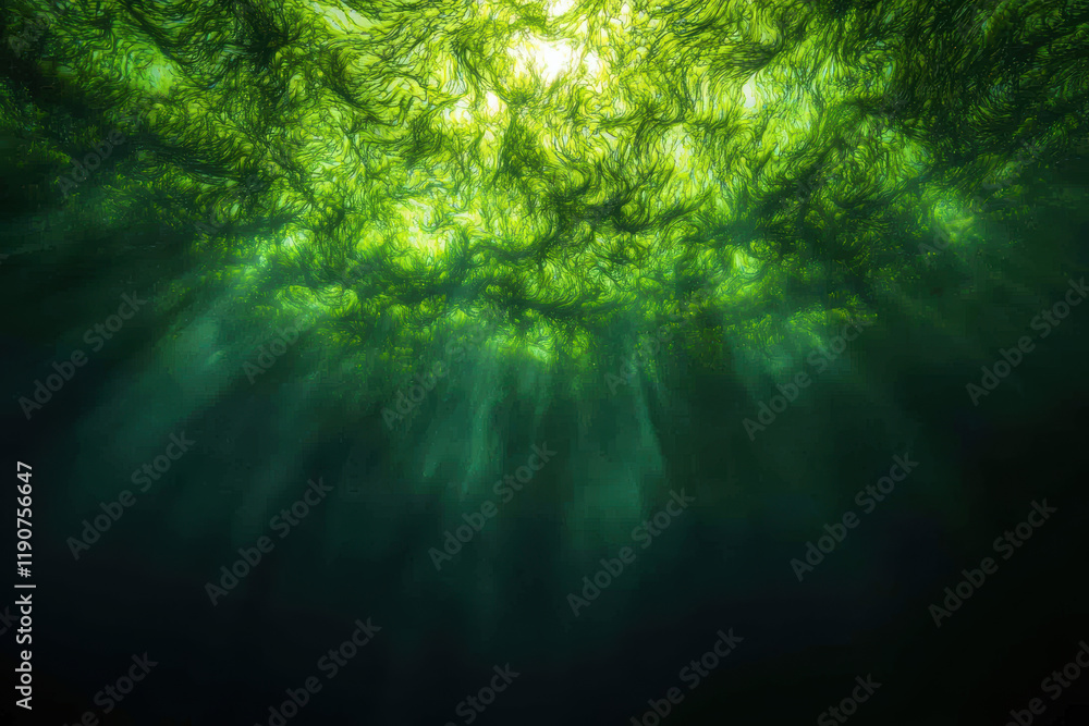 Fototapeta premium Underwater view of vibrant green algae strands illuminated by sunlight, creating serene atmosphere