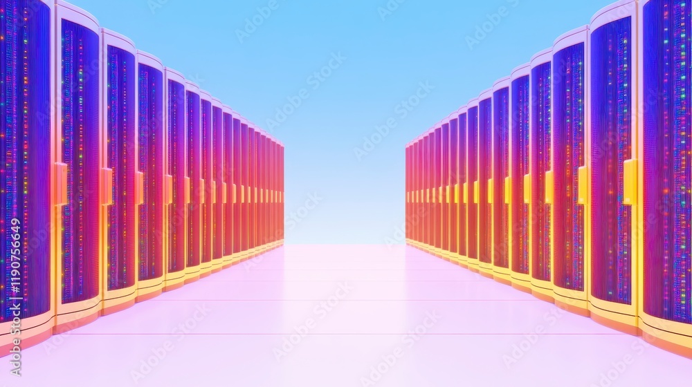 Fototapeta premium Rows of Illuminated Data Servers in Modern Data Center Digital Technology Infrastructure