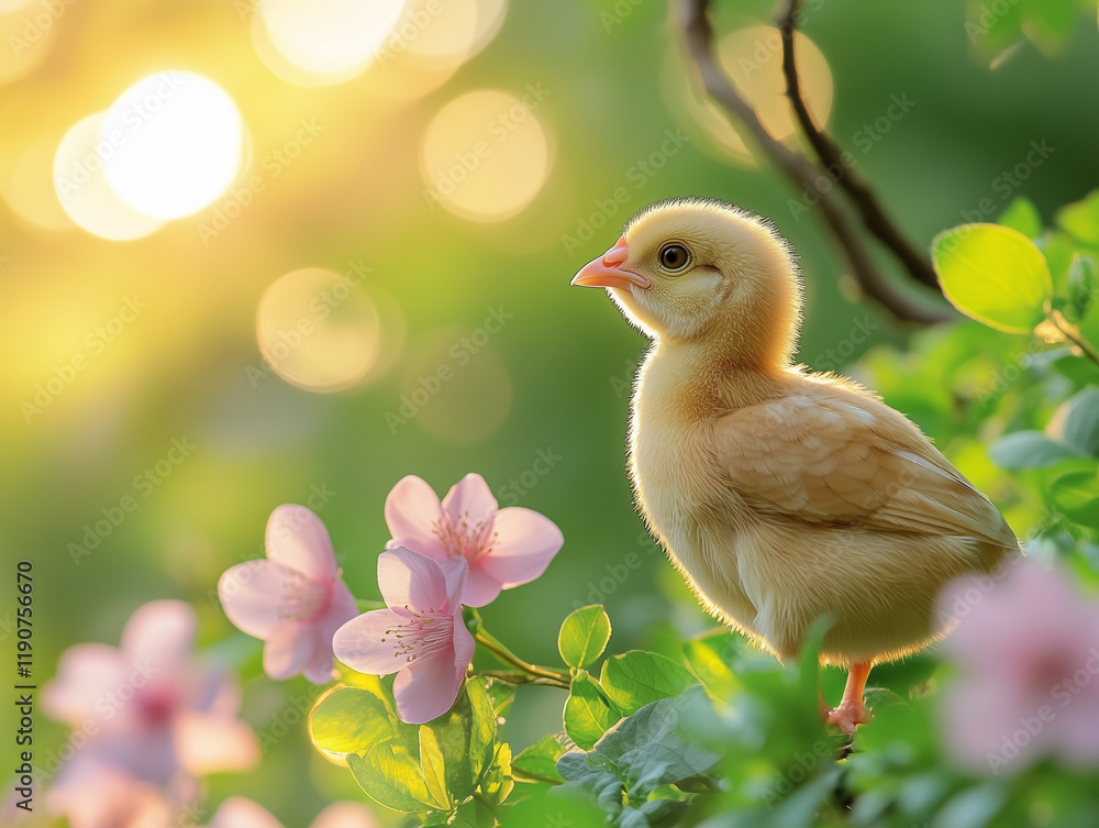 Adorable chick with flowers on a green background, vibrant and cheerful springtime design Adorable chick with flowers on a green background, vibrant and cheerful springtime design