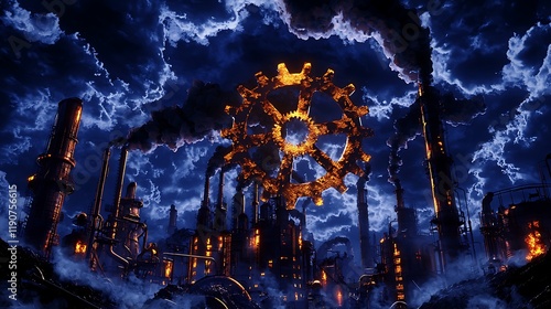 Industrial landscape at night with glowing gears, smoke, and dramatic clouds creating a dystopian atmosphere photo