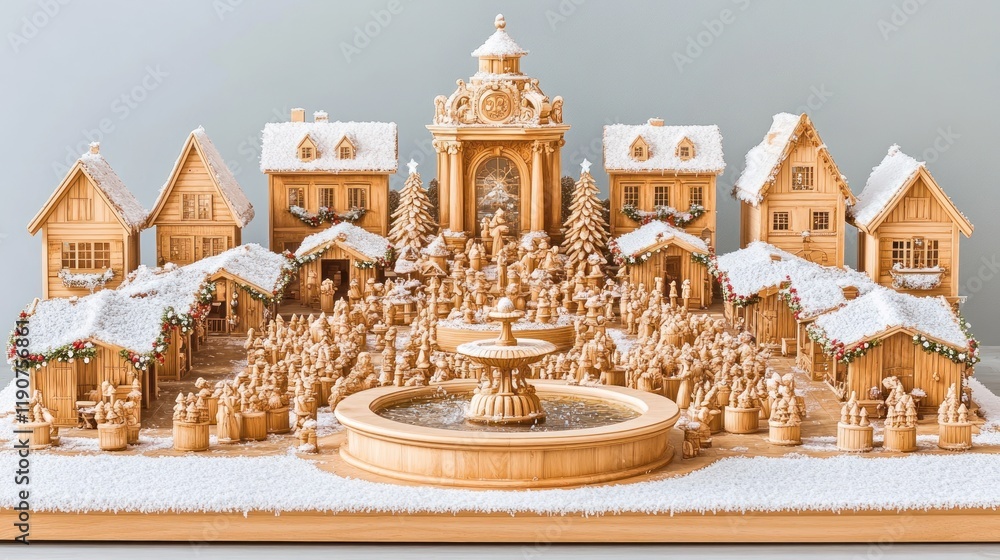 Obraz premium Intricate Wooden Village Scene with Snow-Covered Houses and Fountain in Winter Wonderland