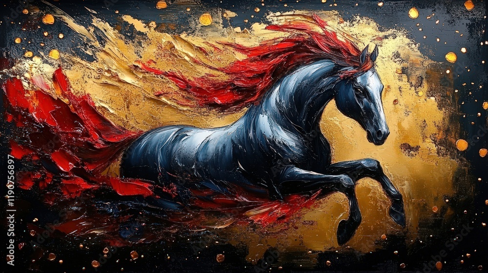 Majestic Black Horse Galloping Through Abstract Landscape with Flowing Red Mane and Golden Background Detail in Oil Painting Style Majestic Black Horse Galloping Through Abstract Landscape with Flowing Red Mane and Golden Background Detail in Oil Painting Style