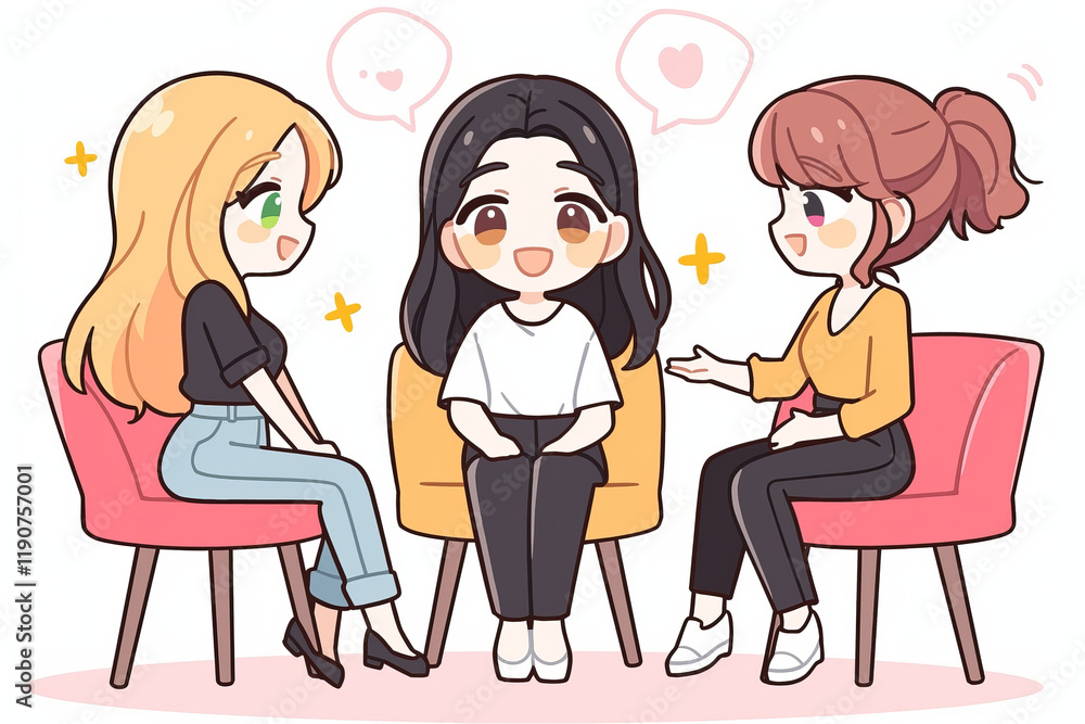 Three women chatting happily in cozy setting, sharing smiles and laughter Three women chatting happily in cozy setting, sharing smiles and laughter