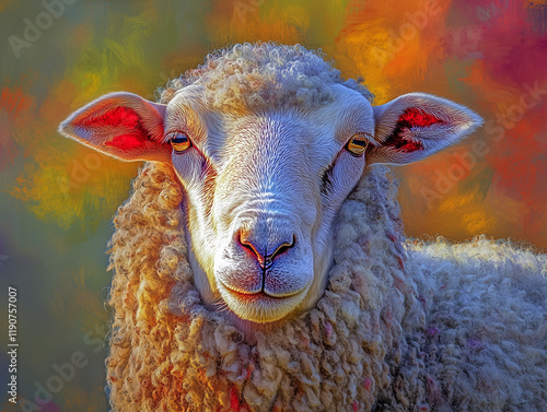 Macro portrait of a sheep on a colorful background, detailed and charming close-up photo