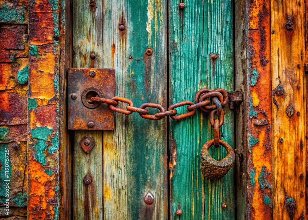 Rustic Old Wooden Door with Rusty Chain Lock - Vintage Architectural Detail Stock Photo Rustic Old Wooden Door with Rusty Chain Lock - Vintage Architectural Detail Stock Photo