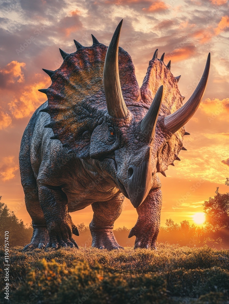Fototapeta premium Majestic Dinosaur Standing in a Forest Clearing Under a Vibrant Sunset Sky