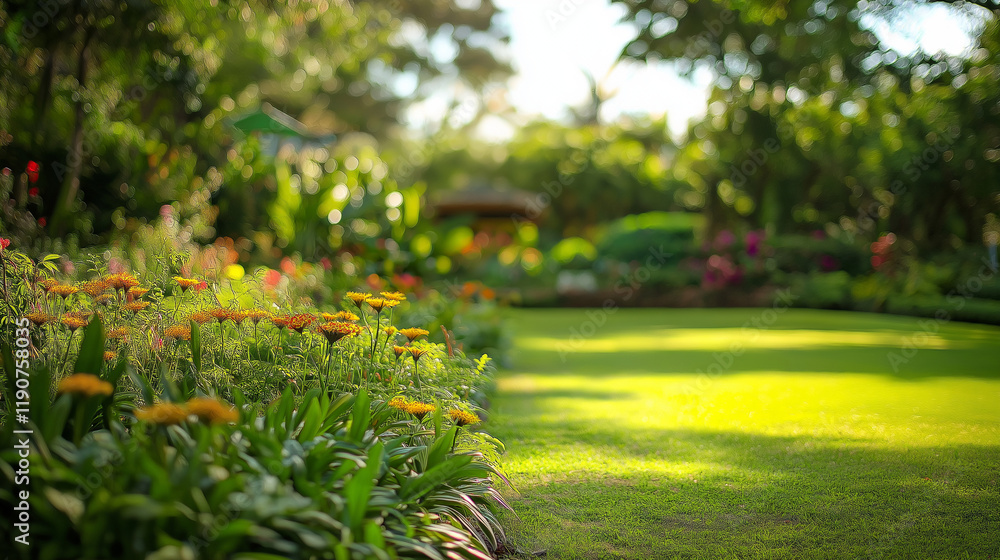 Obraz premium Blurred Nature Garden Background with Greenery and Defocused Trees