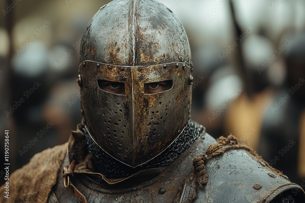Medieval warrior wearing a weathered helmet stands ready for battle amidst a gathering of soldiers on a foggy day Medieval warrior wearing a weathered helmet stands ready for battle amidst a gathering of soldiers on a foggy day