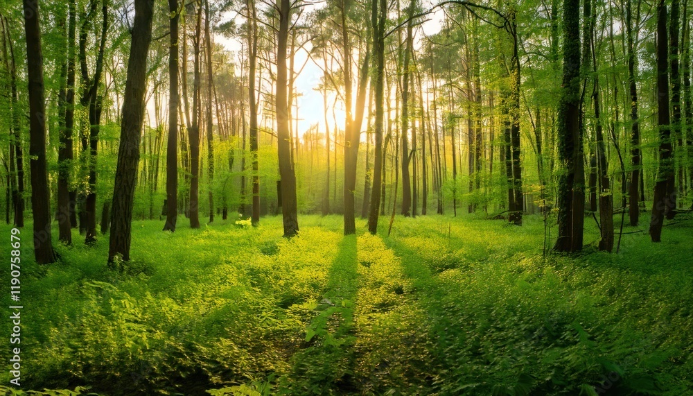 Obraz premium Green forest background with sunrise in the morning in spring season. Nature landscape.