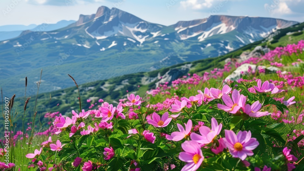 Fototapeta premium Vibrant pink flowers bloom in lush green landscape, set against majestic mountainous backdrop under bright blue sky