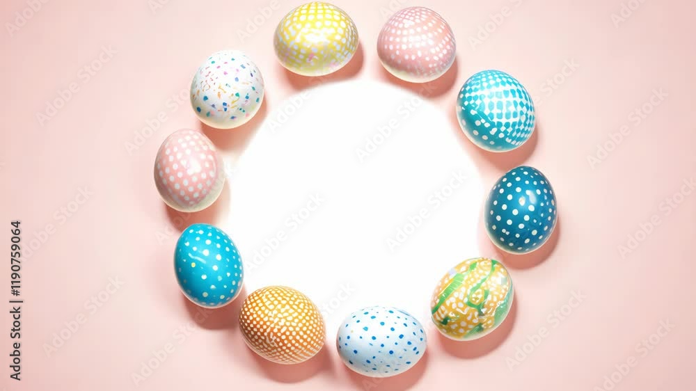 Decorative pastel Easter eggs arranged in a perfect circle on a soft pink background, featuring polka dots and geometric patterns under soft lighting Decorative pastel Easter eggs arranged in a perfect circle on a soft pink background, featuring polka dots and geometric patterns under soft lighting
