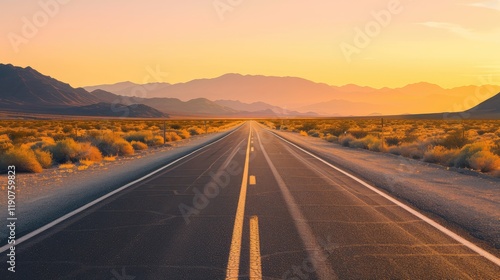 Fototapeta Naklejka Na Ścianę i Meble -  Sunset Glow Over Desert Highway Journey