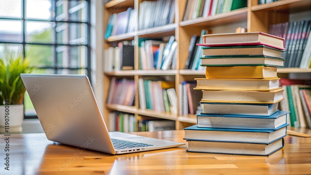 A stack of books on a laptop with a pile of books nearby, symbolizing study and learning in a cozy, educational setting A stack of books on a laptop with a pile of books nearby, symbolizing study and learning in a cozy, educational setting