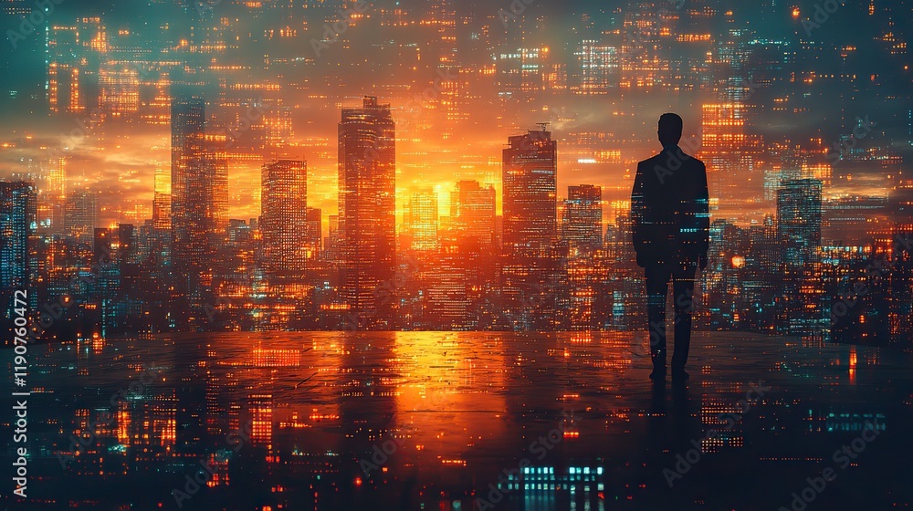 Illustration with business silhouettes and digital motifs, representing a blend of traditional and modern technology Illustration with business silhouettes and digital motifs, representing a blend of traditional and modern technology