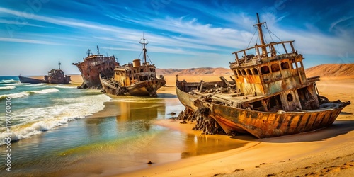 Rusty Fishing Trawlers Abandoned in Nouadhibou Shipwreck Graveyard, Mauritania - Documentary Photography photo