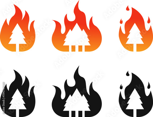 Wildfire silhouette, wildfire icon, tree on fire logo symbol. Vector illustration. PNG transparent