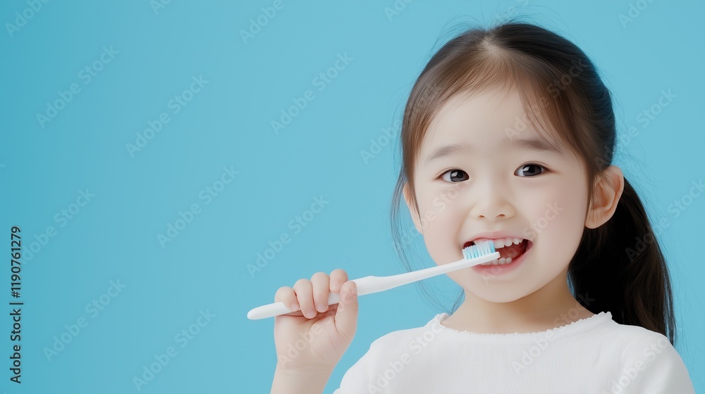 Little Asian Girl Brushing Her Teeth Against a Blue Background Little Asian Girl Brushing Her Teeth Against a Blue Background