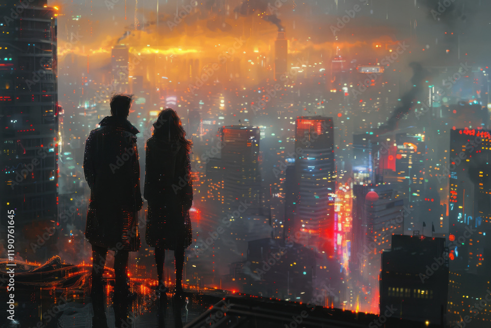 Obraz premium Two figures stand on a rooftop, overlooking a dystopian neon-lit cityscape filled with glowing threads of energy and vibrant colors. The atmosphere is filled with intrigue and mystery.