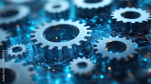 Infographic header featuring interconnected gray and blue gears on a checked background, symbolizing productivity