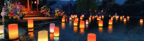Captivating Evening Lantern Festival on a Serene Lake Surrounded by Nature's Beauty