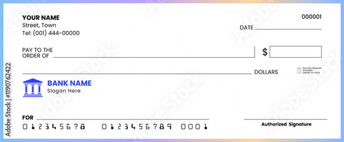 Blank bank check template, generic American cheque design in vector format, ideal for financial and professional purposes