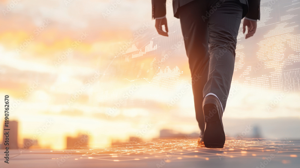 Fototapeta premium Walking businessman on digital path at sunset, symbolizing progress and innovation