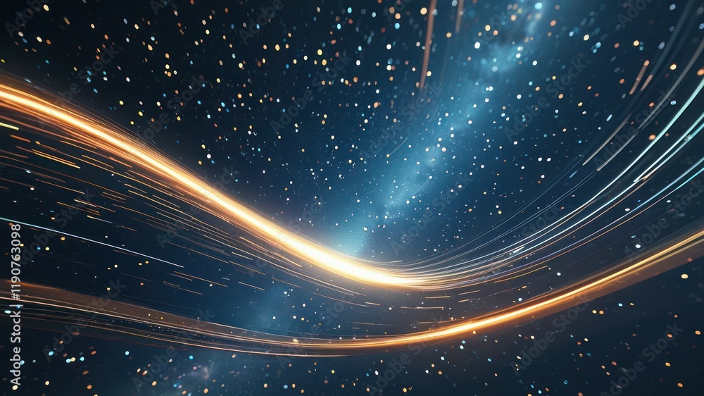 Obraz premium Vibrant cosmic scene with swirling light trails, stars, and galaxies, evoking feelings of wonder and exploration