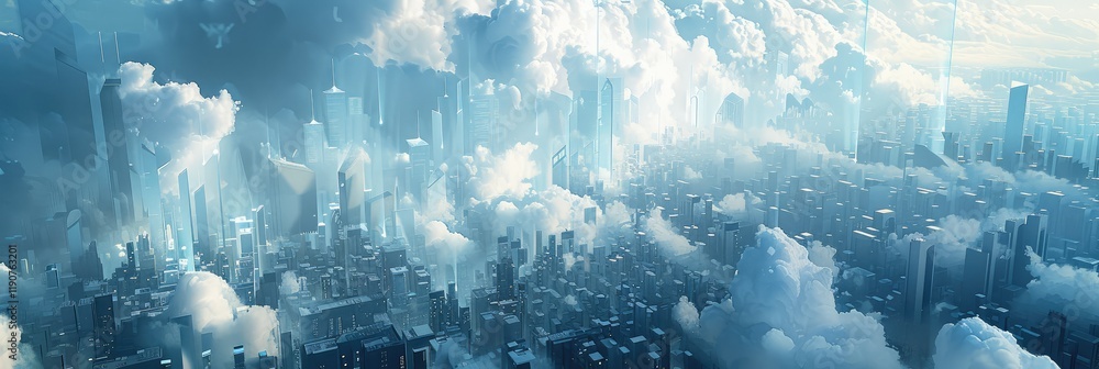 Naklejka premium Futuristic Cityscape Soaring Through Clouds