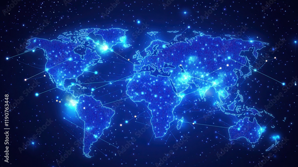 World map with glowing data points and lines representing business expansion strategy, showcasing global connectivity and growth opportunities World map with glowing data points and lines representing business expansion strategy, showcasing global connectivity and growth opportunities