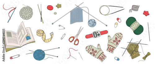 set of elements about knitting, knitting needles, crochet, balls of wool, pins, scissors, row counter, stitch markers, buttons, knitted mittens