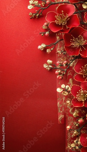 Bright red background, traditional Chinese art style, no shadows or wrinkles, high saturation, flat composition. Perfect for Chinese New Year greetings, greeting card covers or mobile phone wallpapers