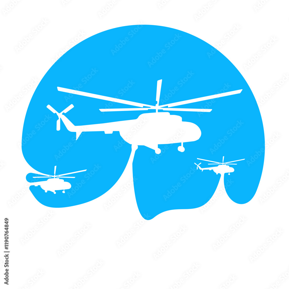 Three Flying helicopter isolated icon vector. Helicopter Blue Line and Fill Vector Icon. Vector silhouette illustration of helicopter air transportation for logo. Aviation logo inspirations. Three Flying helicopter isolated icon vector. Helicopter Blue Line and Fill Vector Icon. Vector silhouette illustration of helicopter air transportation for logo. Aviation logo inspirations.