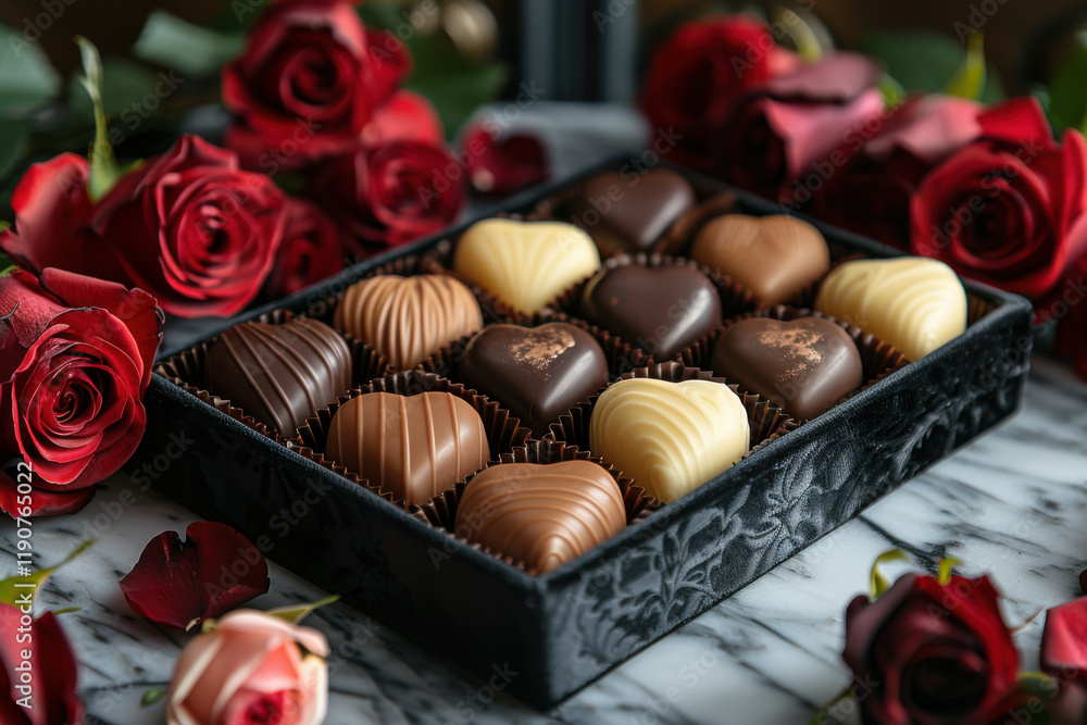 Heart-shaped chocolates in a decorative box are beautifully arranged alongside vibrant red roses, creating a stunning display perfect for a romantic evening or special celebration. Heart-shaped chocolates in a decorative box are beautifully arranged alongside vibrant red roses, creating a stunning display perfect for a romantic evening or special celebration.